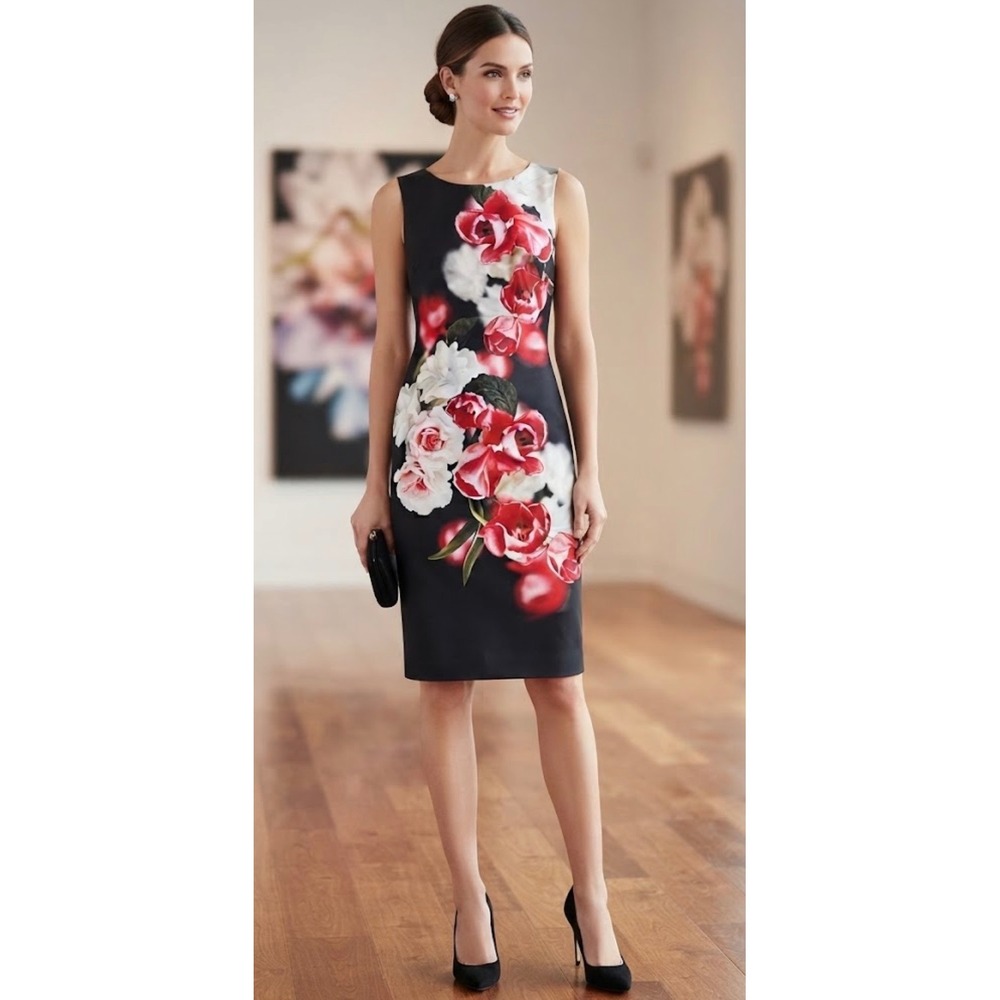 Calvin Klein Womens Black Red Floral Scuba Sheath Dress CD8ML1JT Size 4